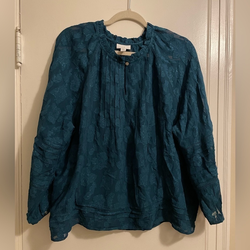 J. Jill Ventana Jacquard Popover Top Blouse Teal Blue Size Large Petite
